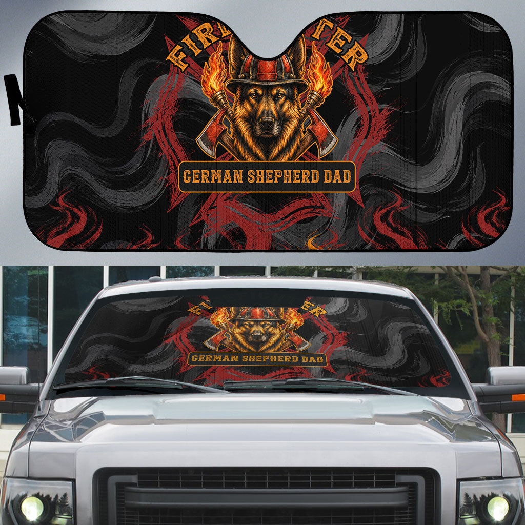 Firefighter German Shepherd Dad Auto Sun Shade Vintage Fire Flames Sunset City Skyline - Always By My Side