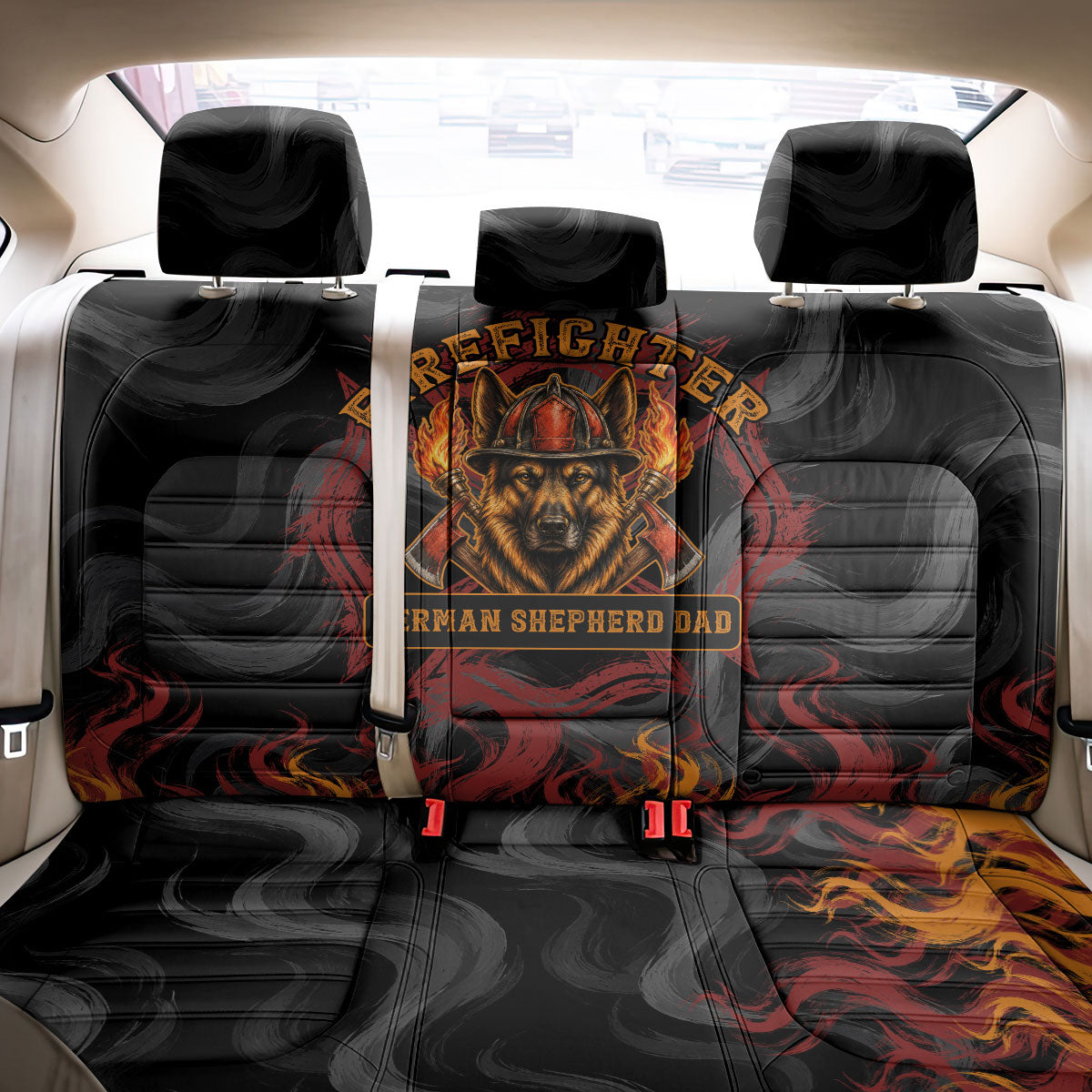 Firefighter German Shepherd Dad Back Car Seat Cover Vintage Fire Flames Sunset City Skyline - Always By My Side