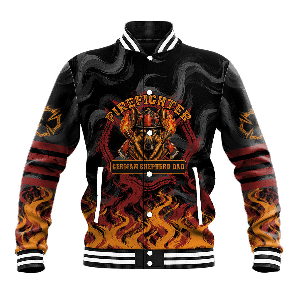 Firefighter German Shepherd Dad Baseball Jacket Vintage Fire Flames Sunset City Skyline - Always By My Side