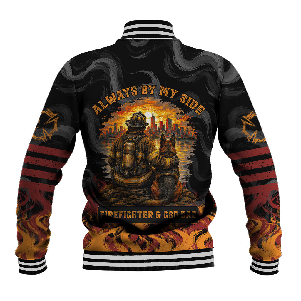 Firefighter German Shepherd Dad Baseball Jacket Vintage Fire Flames Sunset City Skyline - Always By My Side