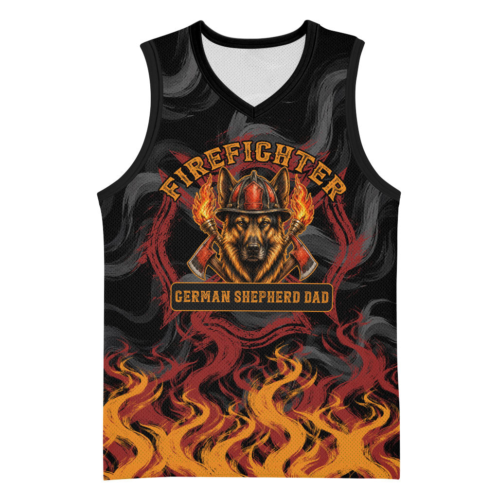 Firefighter German Shepherd Dad Basketball Jersey Vintage Fire Flames Sunset City Skyline - Always By My Side