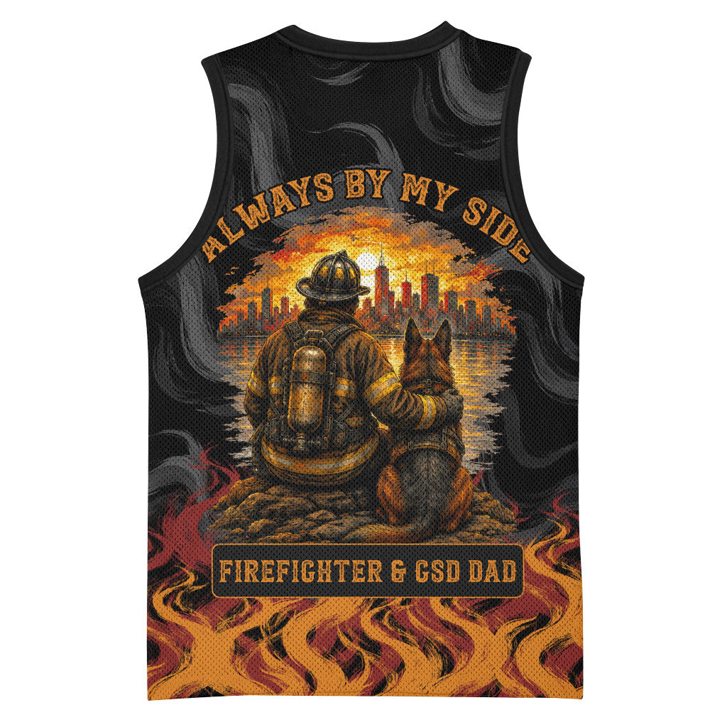 Firefighter German Shepherd Dad Basketball Jersey Vintage Fire Flames Sunset City Skyline - Always By My Side