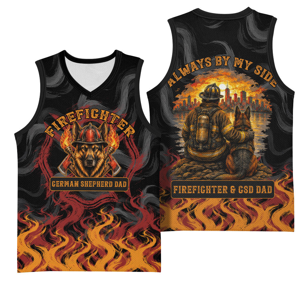 Firefighter German Shepherd Dad Basketball Jersey Vintage Fire Flames Sunset City Skyline - Always By My Side