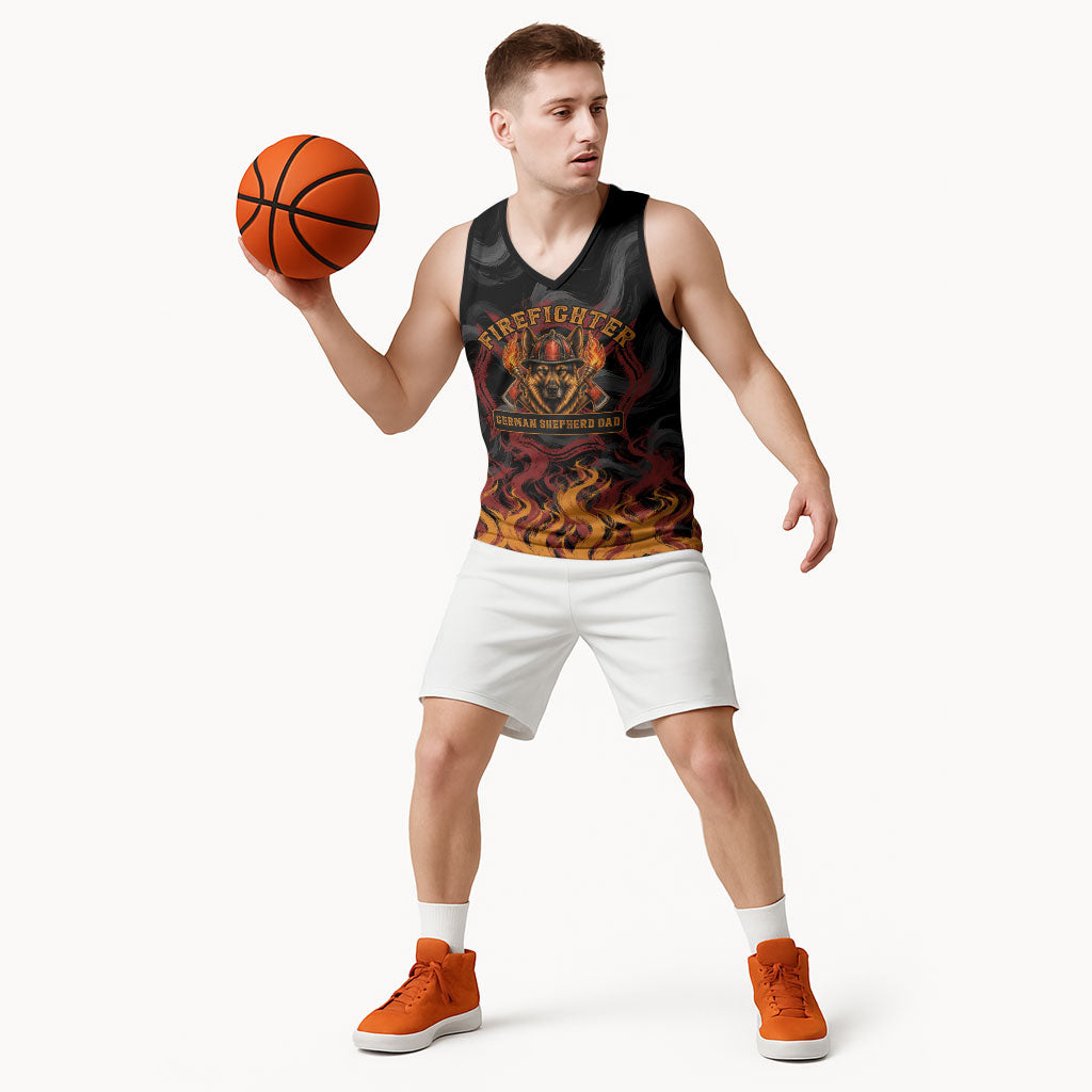Firefighter German Shepherd Dad Basketball Jersey Vintage Fire Flames Sunset City Skyline - Always By My Side