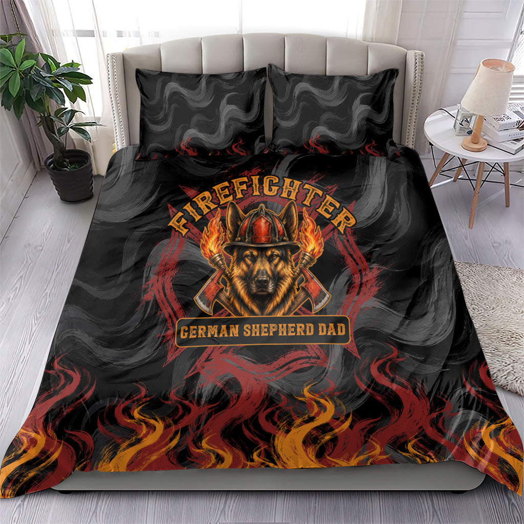 Firefighter German Shepherd Dad Bedding Set Vintage Fire Flames Sunset City Skyline - Always By My Side