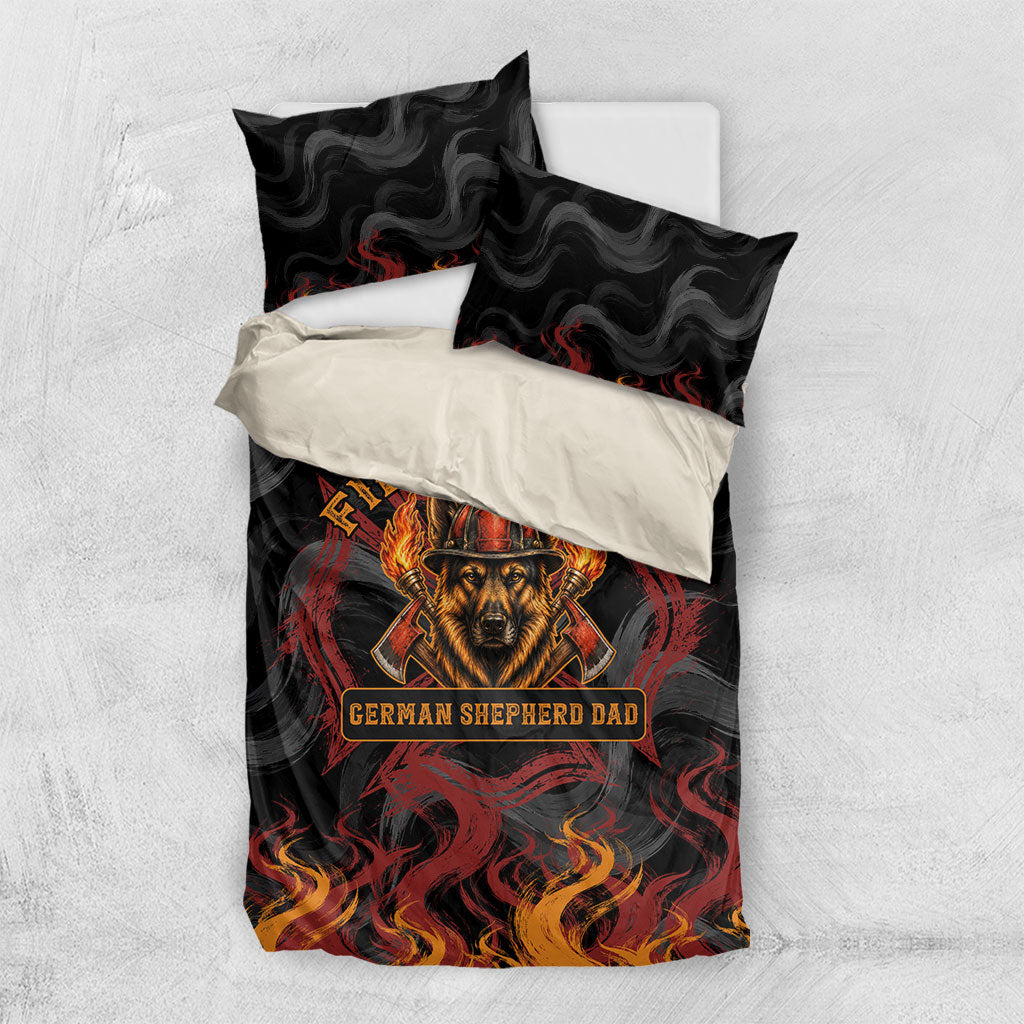 Firefighter German Shepherd Dad Bedding Set Vintage Fire Flames Sunset City Skyline - Always By My Side