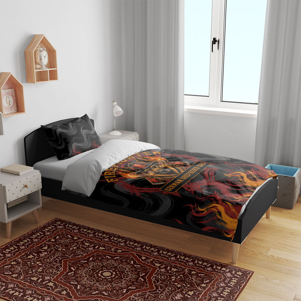 Firefighter German Shepherd Dad Bedding Set Vintage Fire Flames Sunset City Skyline - Always By My Side