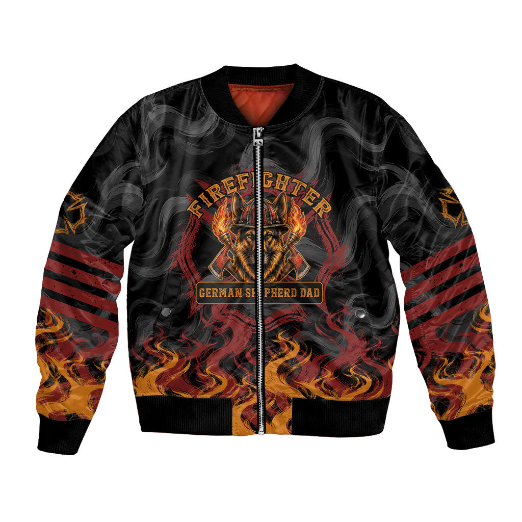Firefighter German Shepherd Dad Bomber Jacket Vintage Fire Flames Sunset City Skyline - Always By My Side