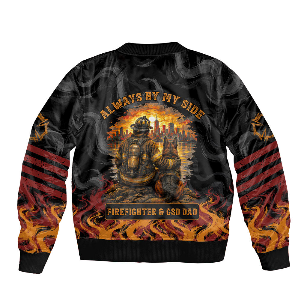 Firefighter German Shepherd Dad Bomber Jacket Vintage Fire Flames Sunset City Skyline - Always By My Side