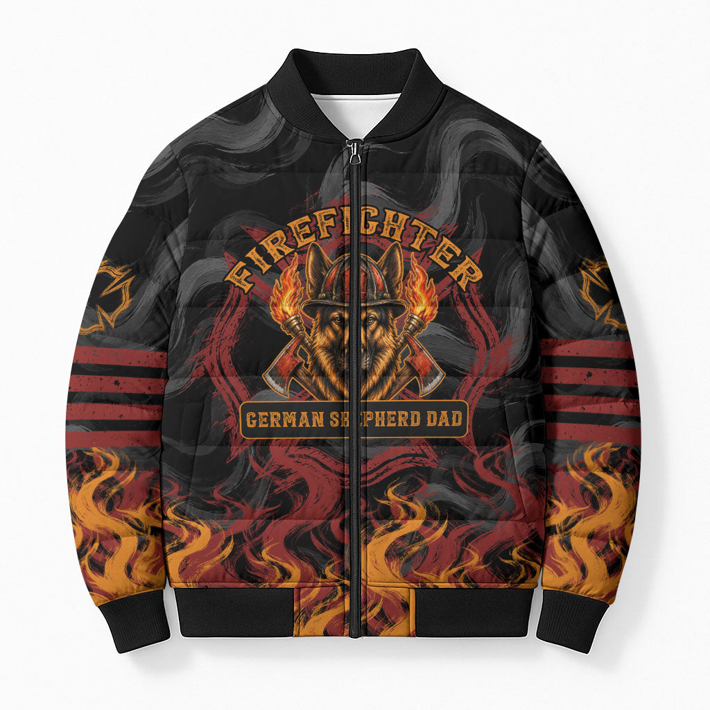 Firefighter German Shepherd Dad Bomber Puffer Jacket Vintage Fire Flames Sunset City Skyline - Always By My Side