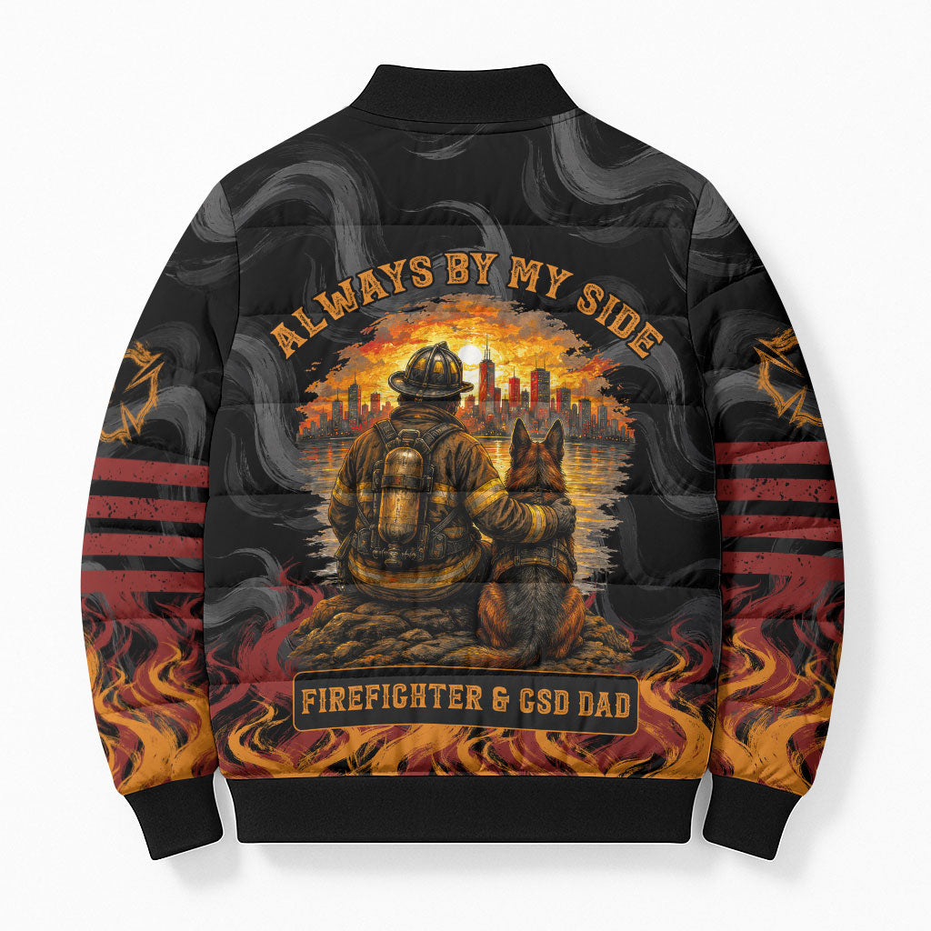Firefighter German Shepherd Dad Bomber Puffer Jacket Vintage Fire Flames Sunset City Skyline - Always By My Side