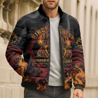 Firefighter German Shepherd Dad Bomber Puffer Jacket Vintage Fire Flames Sunset City Skyline - Always By My Side