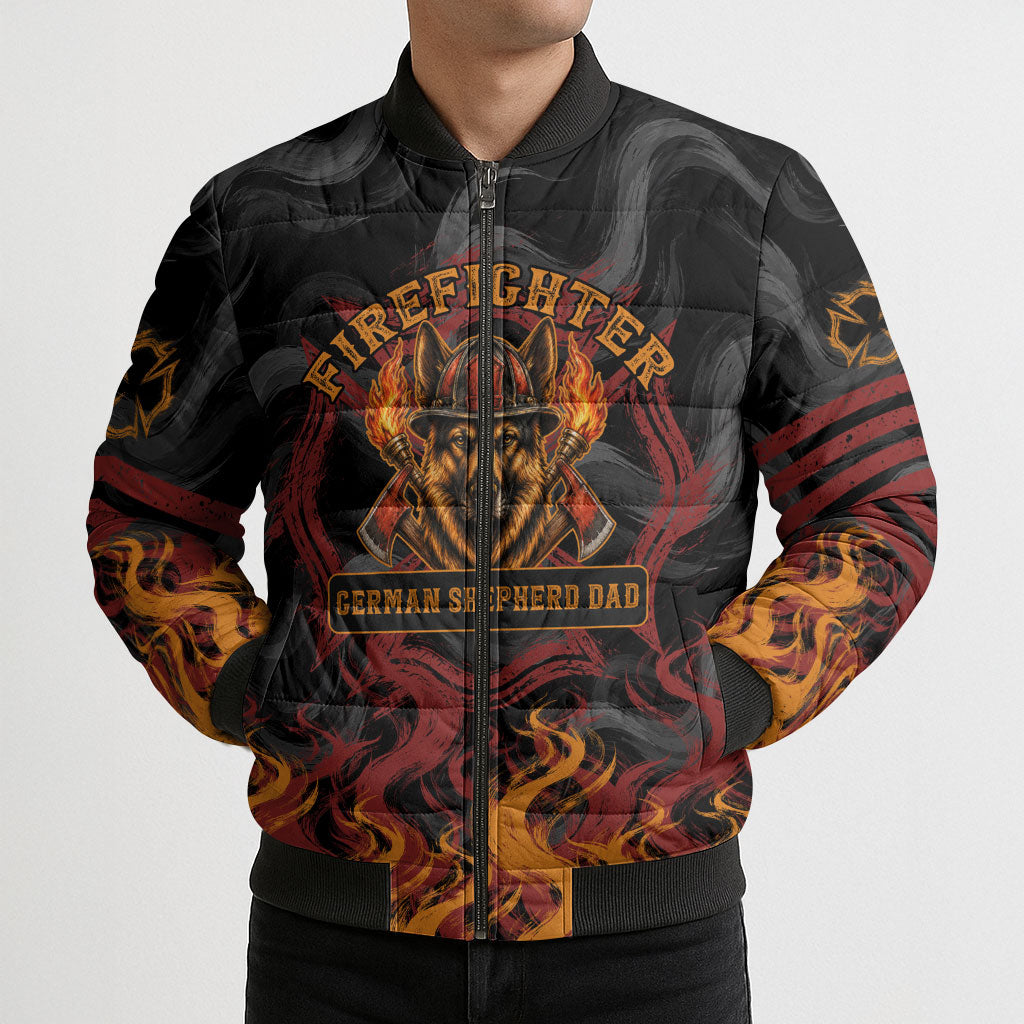 Firefighter German Shepherd Dad Bomber Puffer Jacket Vintage Fire Flames Sunset City Skyline - Always By My Side