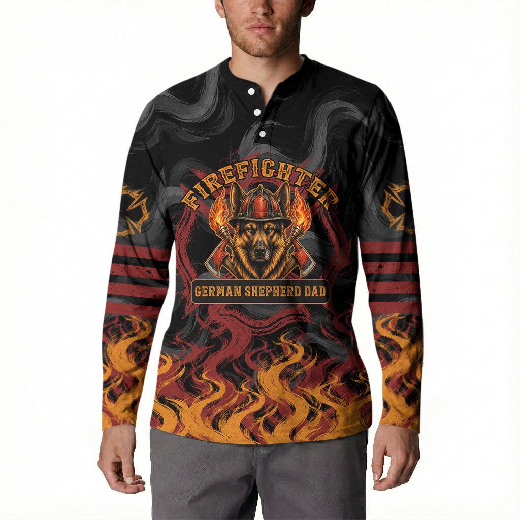 Firefighter German Shepherd Dad Button Sweatshirt Vintage Fire Flames Sunset City Skyline - Always By My Side