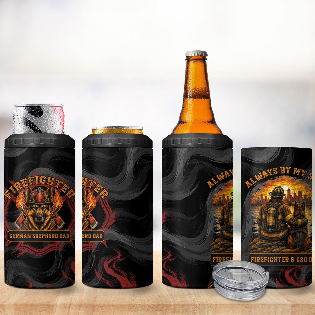Firefighter German Shepherd Dad 4 in 1 Can Cooler Tumbler Vintage Fire Flames Sunset City Skyline - Always By My Side