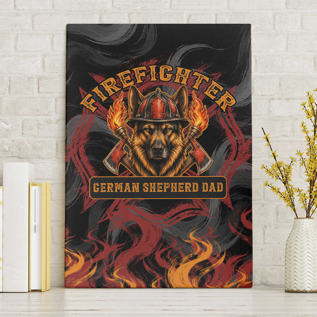 Firefighter German Shepherd Dad Canvas Wall Art Vintage Fire Flames Sunset City Skyline - Always By My Side
