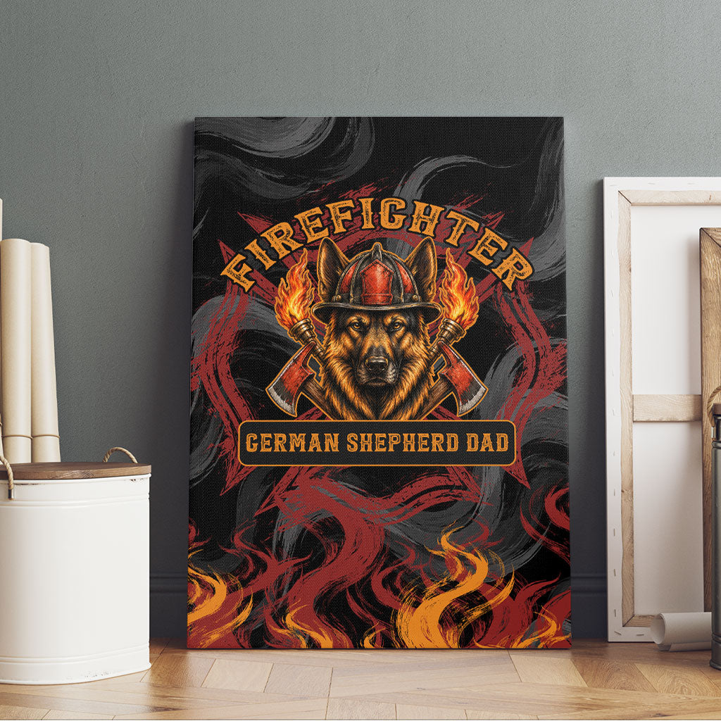 Firefighter German Shepherd Dad Canvas Wall Art Vintage Fire Flames Sunset City Skyline - Always By My Side