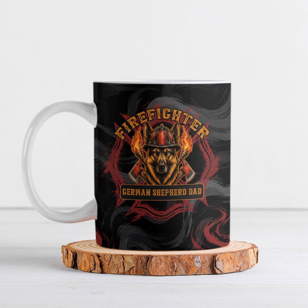 Firefighter German Shepherd Dad Ceramic Mug Vintage Fire Flames Sunset City Skyline - Always By My Side