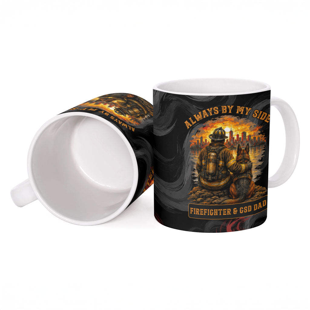Firefighter German Shepherd Dad Ceramic Mug Vintage Fire Flames Sunset City Skyline - Always By My Side