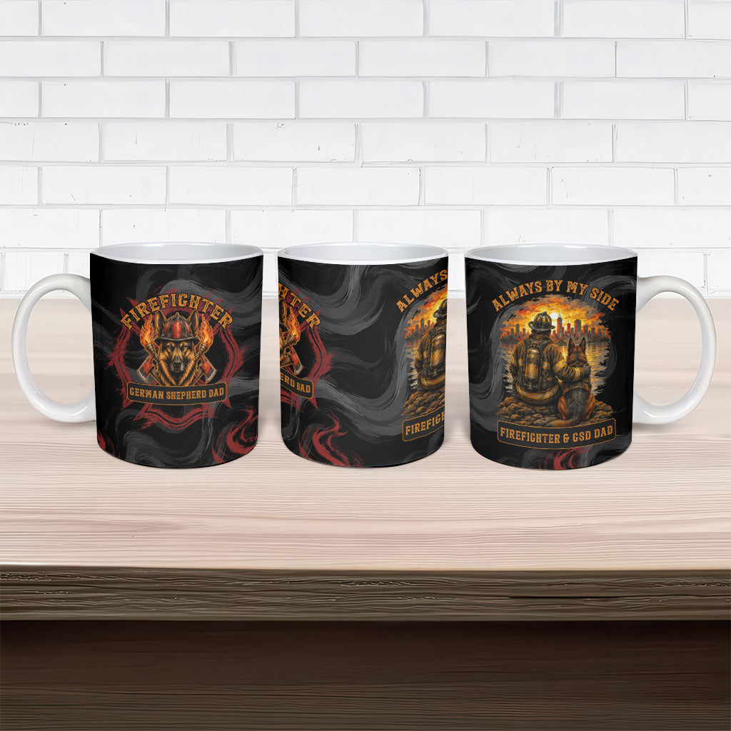 Firefighter German Shepherd Dad Ceramic Mug Vintage Fire Flames Sunset City Skyline - Always By My Side