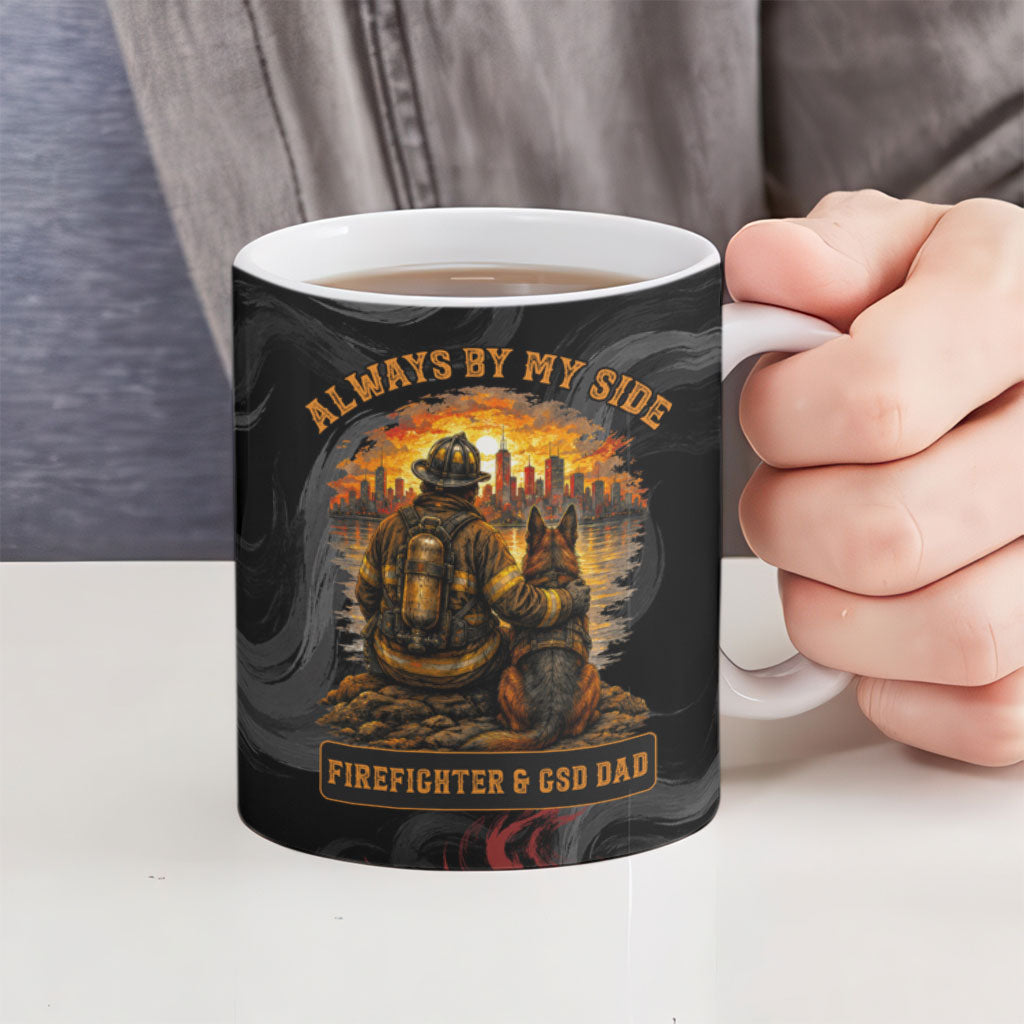 Firefighter German Shepherd Dad Ceramic Mug Vintage Fire Flames Sunset City Skyline - Always By My Side