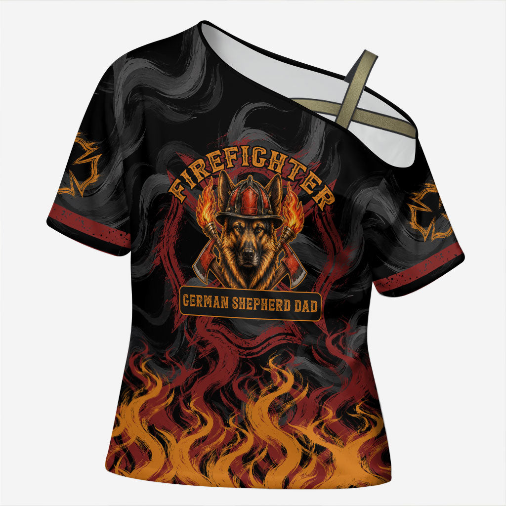 Firefighter German Shepherd Dad Cross Shoulder Shirt Vintage Fire Flames Sunset City Skyline - Always By My Side