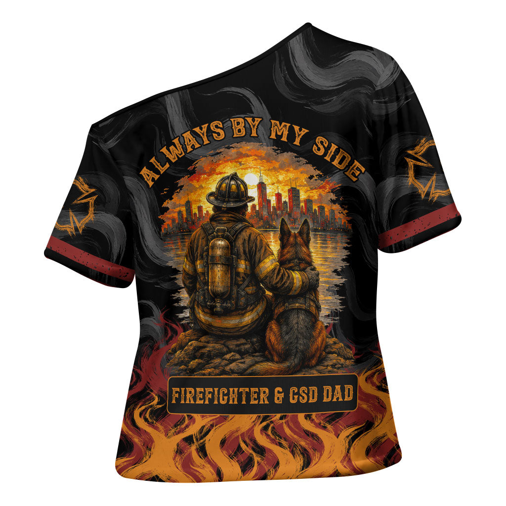 Firefighter German Shepherd Dad Cross Shoulder Shirt Vintage Fire Flames Sunset City Skyline - Always By My Side