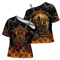 Firefighter German Shepherd Dad Cross Shoulder Shirt Vintage Fire Flames Sunset City Skyline - Always By My Side