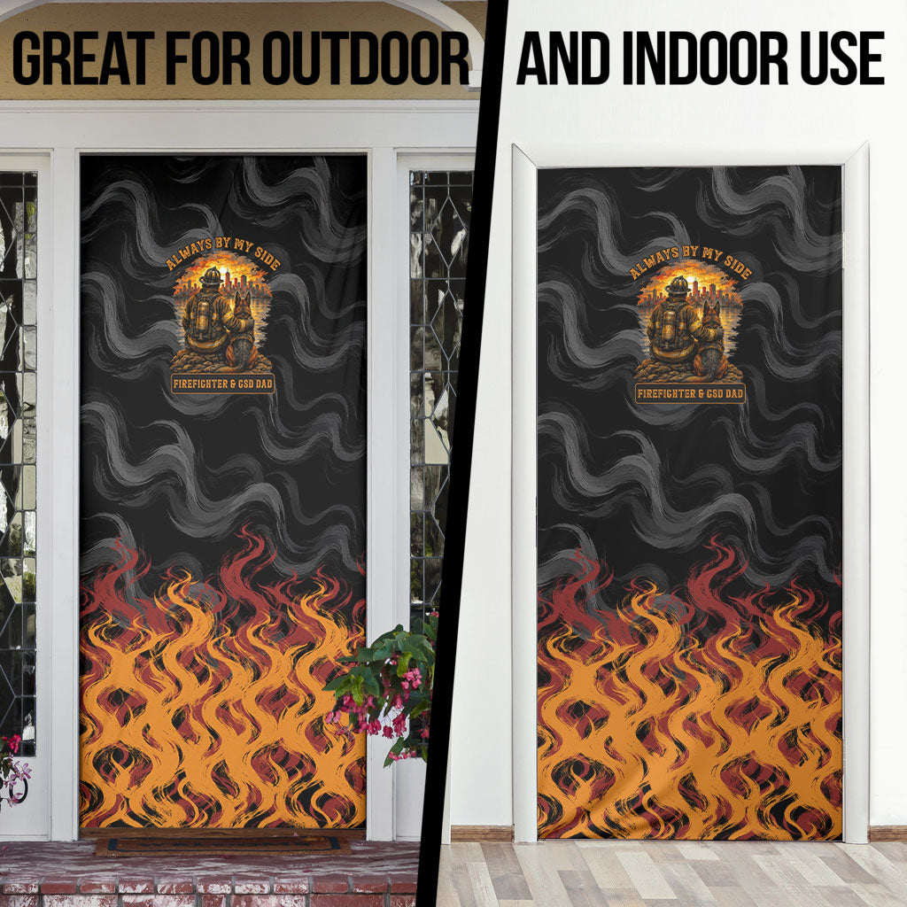 Firefighter German Shepherd Dad Door Cover Vintage Fire Flames Sunset City Skyline - Always By My Side