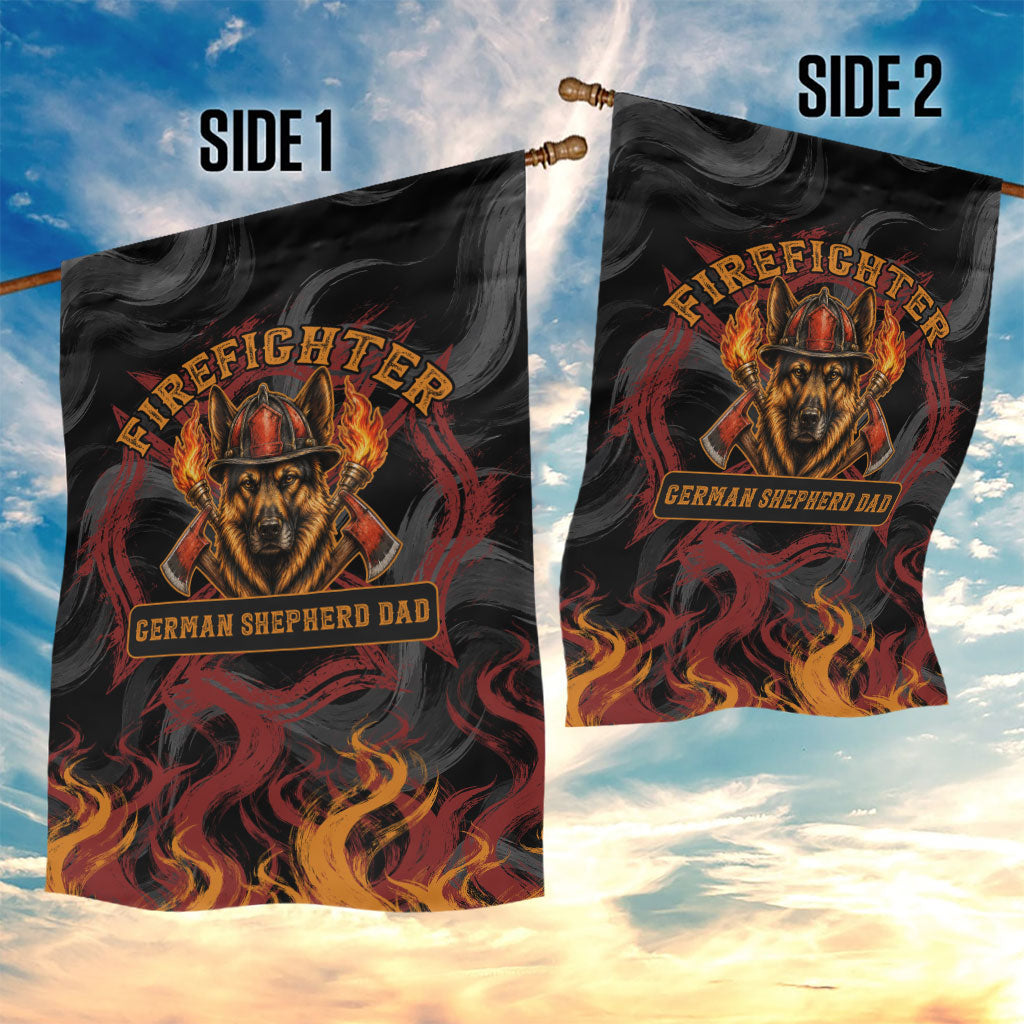 Firefighter German Shepherd Dad Garden Flag Vintage Fire Flames Sunset City Skyline - Always By My Side