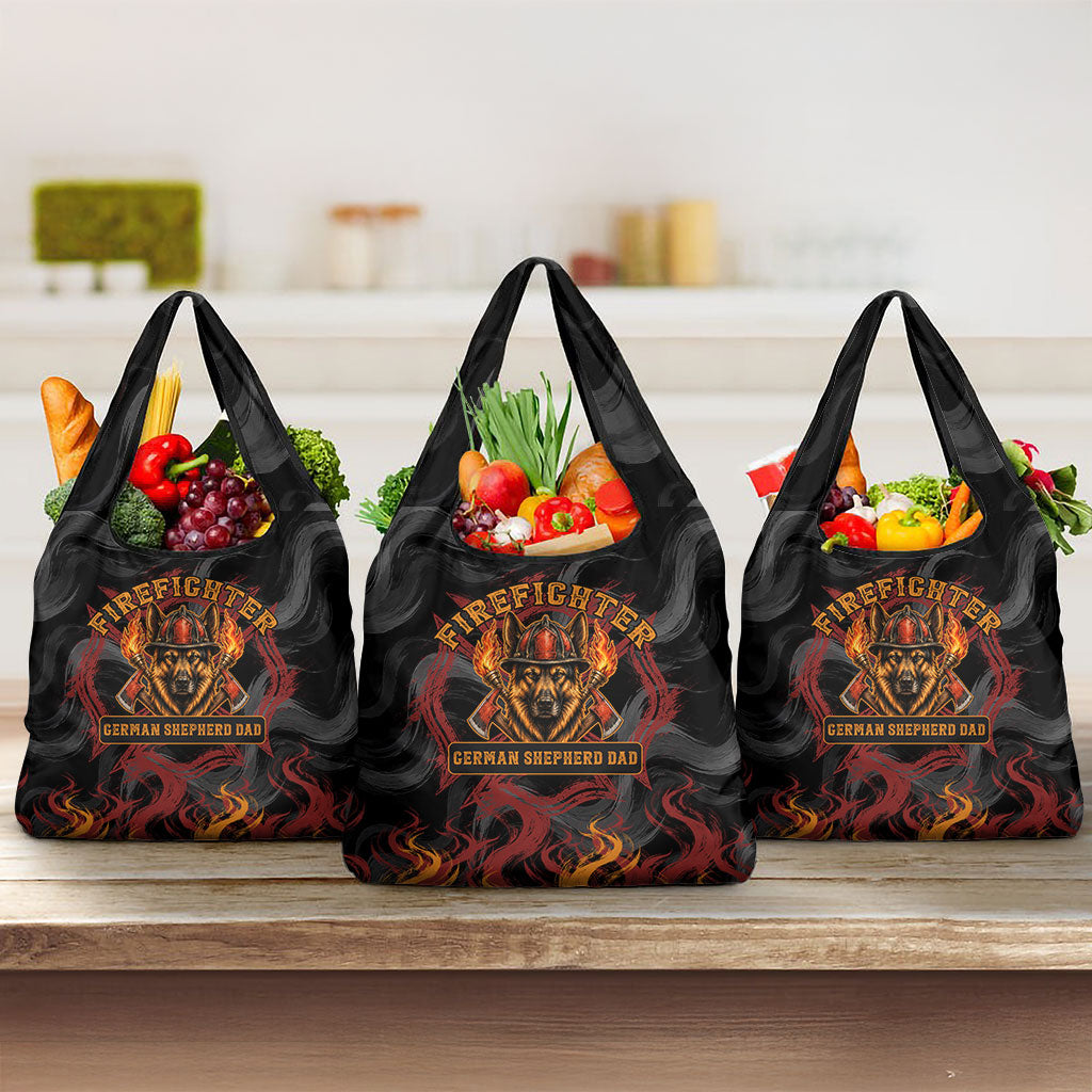 Firefighter German Shepherd Dad Grocery Bag Vintage Fire Flames Sunset City Skyline - Always By My Side