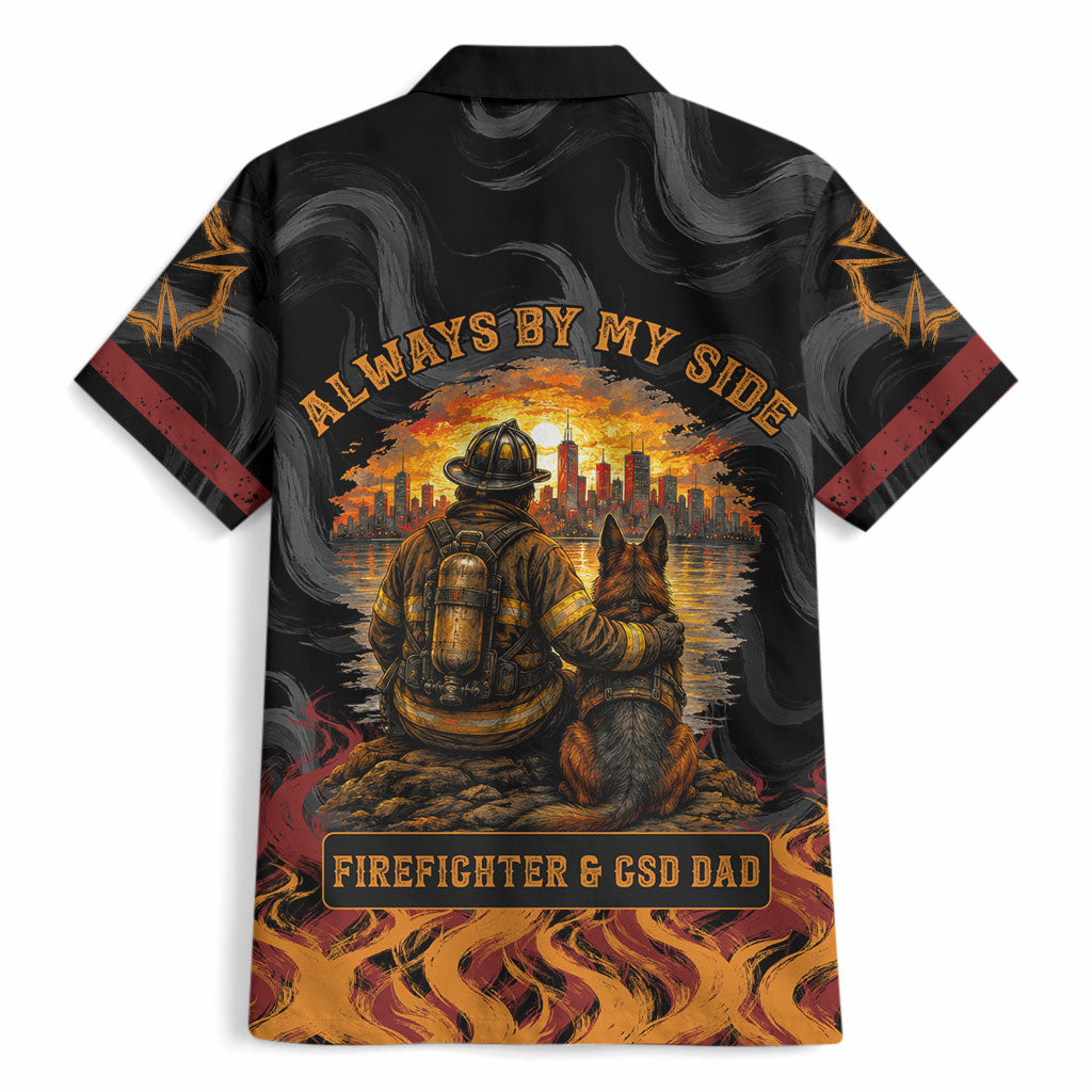 Firefighter German Shepherd Dad Hawaiian Shirt Vintage Fire Flames Sunset City Skyline - Always By My Side
