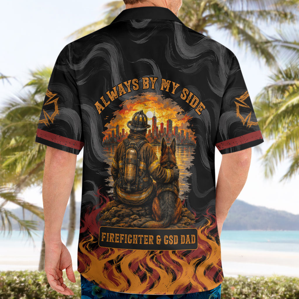 Firefighter German Shepherd Dad Hawaiian Shirt Vintage Fire Flames Sunset City Skyline - Always By My Side