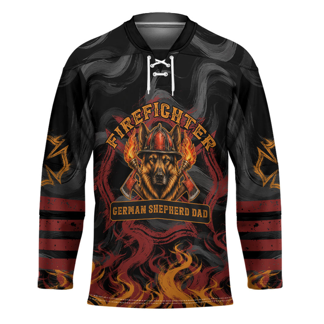 Firefighter German Shepherd Dad Hockey Jersey Vintage Fire Flames Sunset City Skyline - Always By My Side