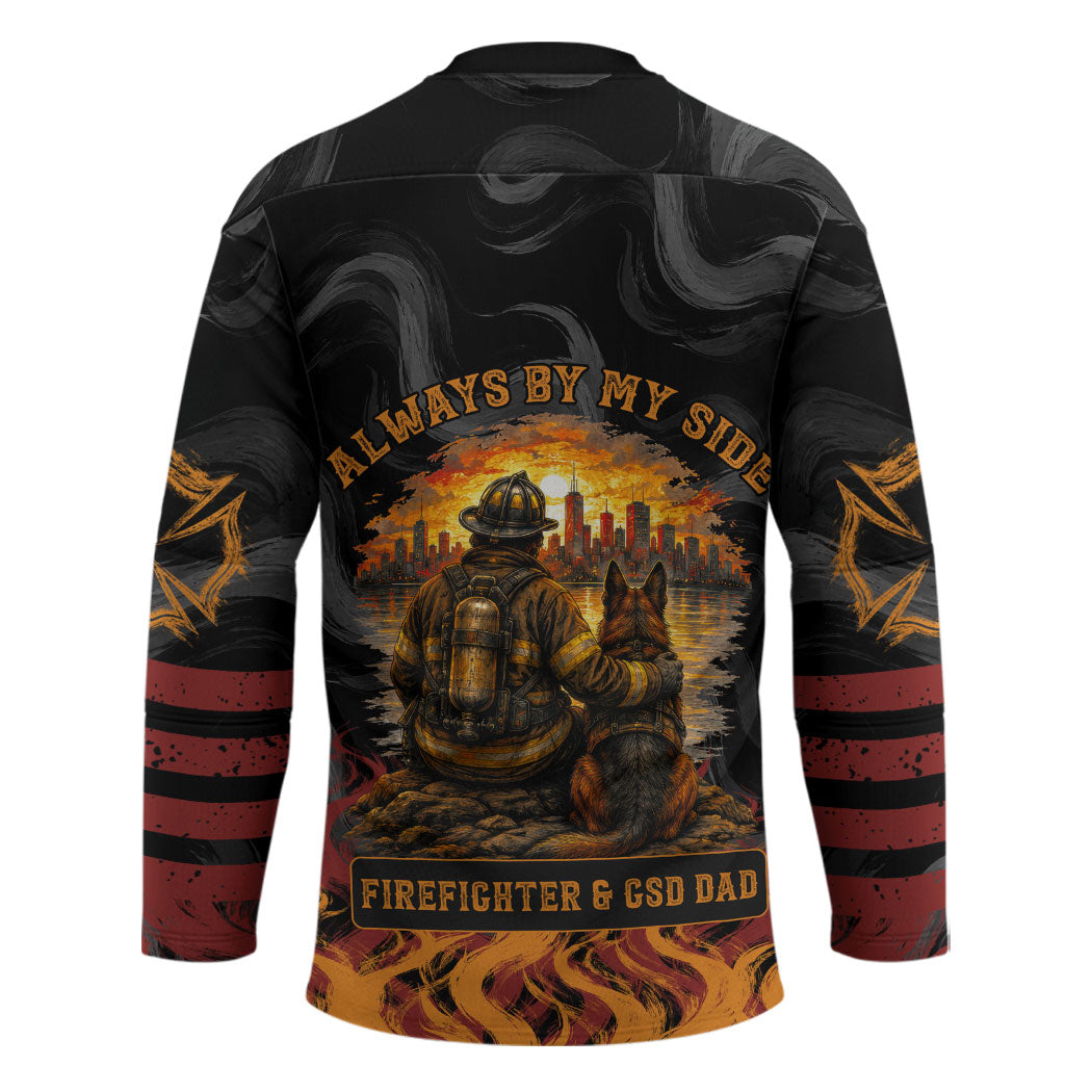 Firefighter German Shepherd Dad Hockey Jersey Vintage Fire Flames Sunset City Skyline - Always By My Side