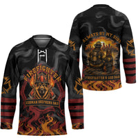 Firefighter German Shepherd Dad Hockey Jersey Vintage Fire Flames Sunset City Skyline - Always By My Side