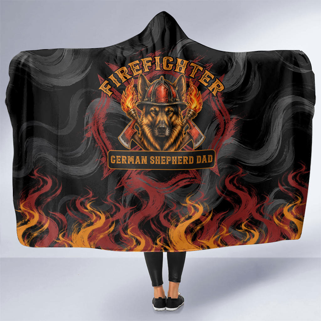 Firefighter German Shepherd Dad Hooded Blanket Vintage Fire Flames Sunset City Skyline - Always By My Side