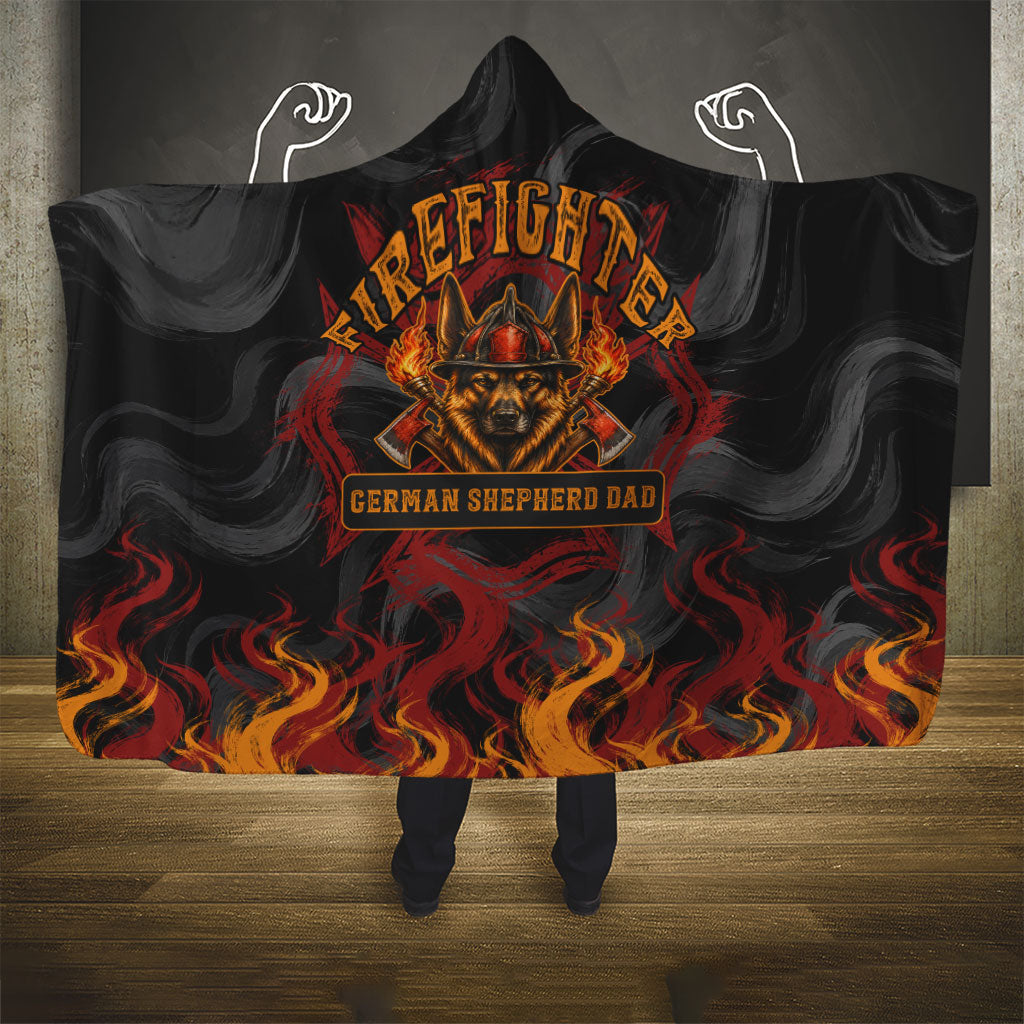 Firefighter German Shepherd Dad Hooded Blanket Vintage Fire Flames Sunset City Skyline - Always By My Side