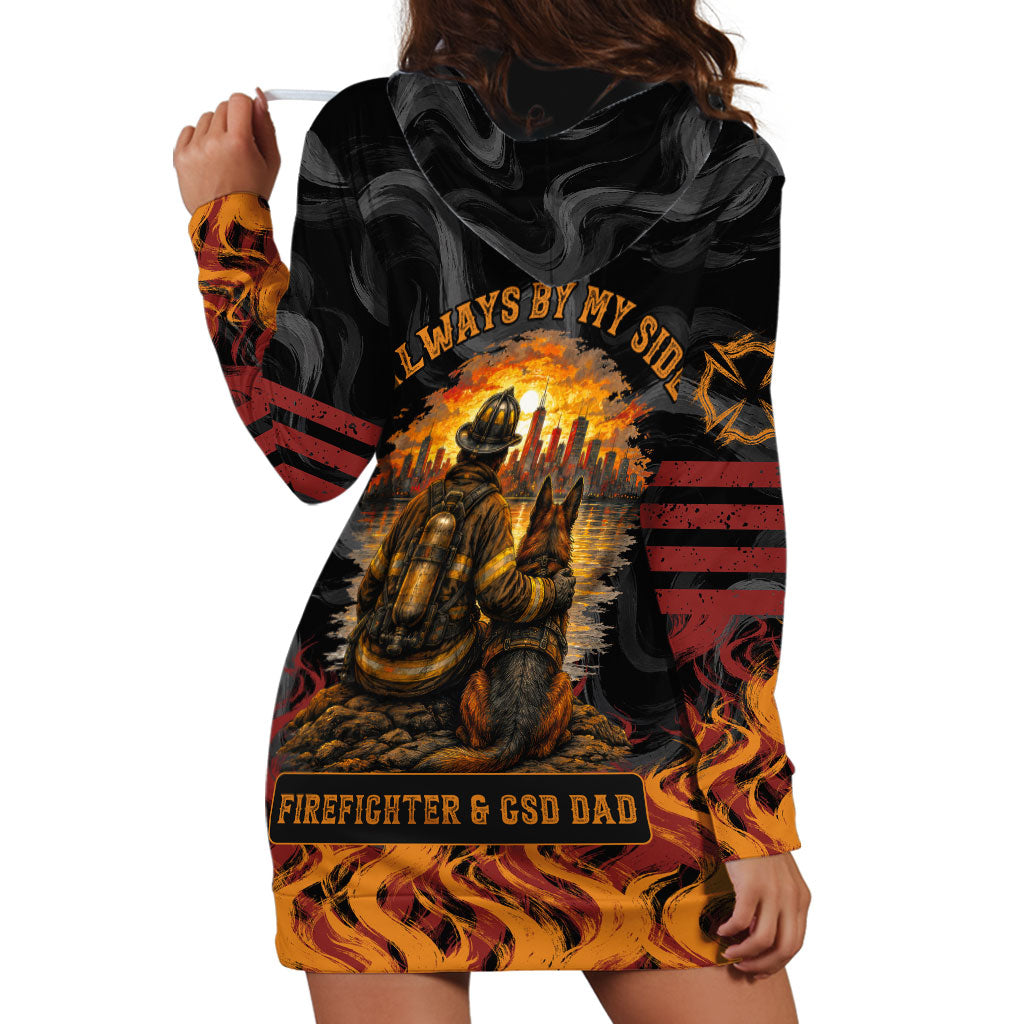 Firefighter German Shepherd Dad Hoodie Dress Vintage Fire Flames Sunset City Skyline - Always By My Side