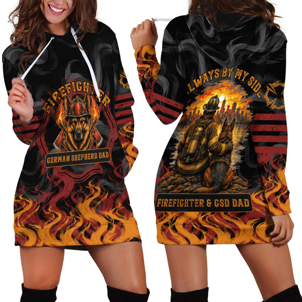 Firefighter German Shepherd Dad Hoodie Dress Vintage Fire Flames Sunset City Skyline - Always By My Side