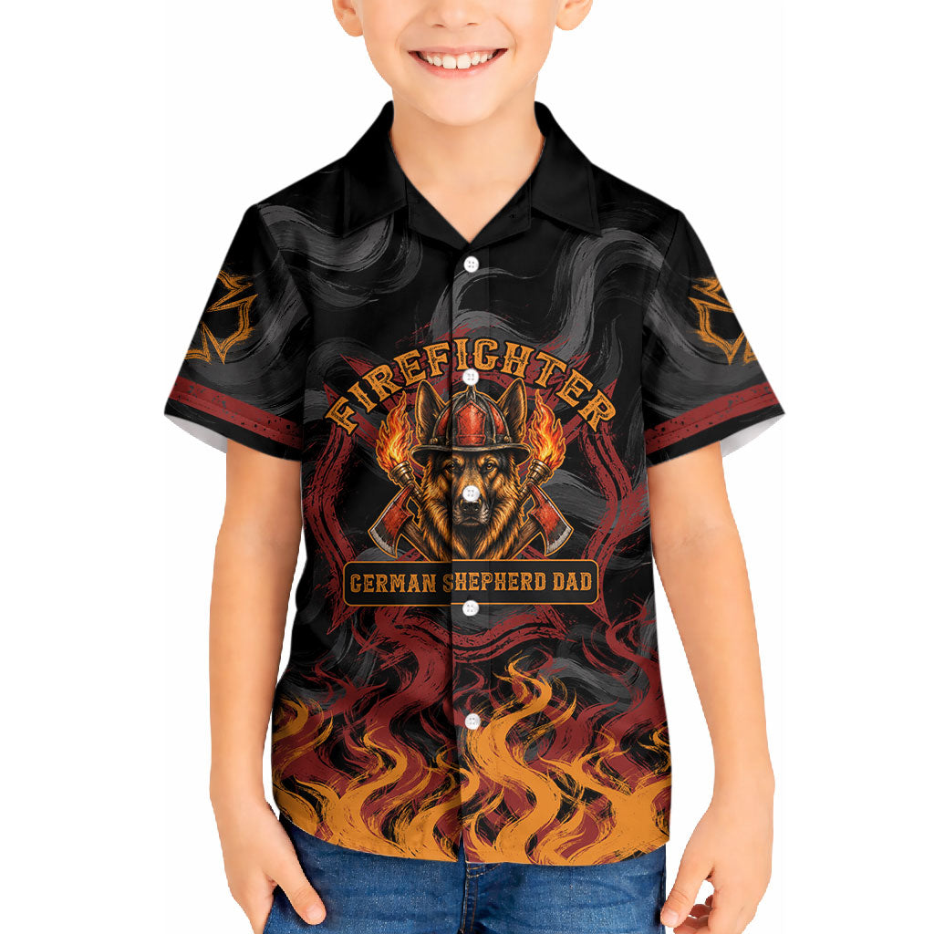 Firefighter German Shepherd Dad Kid Hawaiian Shirt Vintage Fire Flames Sunset City Skyline - Always By My Side