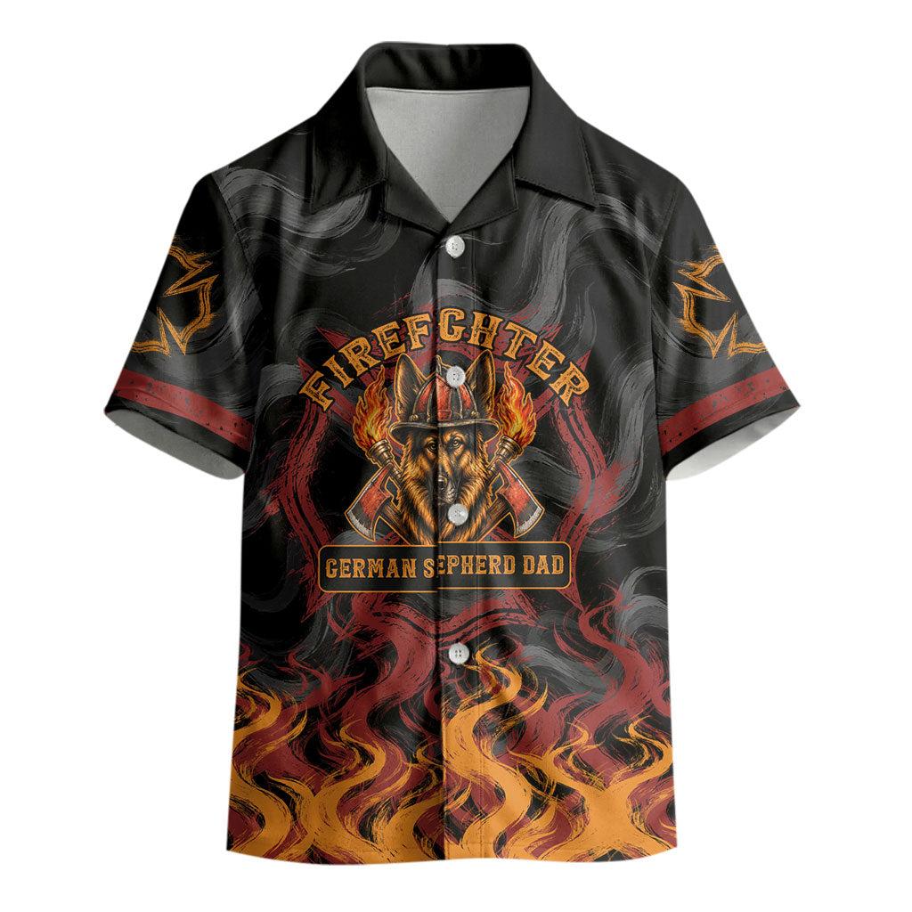 Firefighter German Shepherd Dad Kid Hawaiian Shirt Vintage Fire Flames Sunset City Skyline - Always By My Side