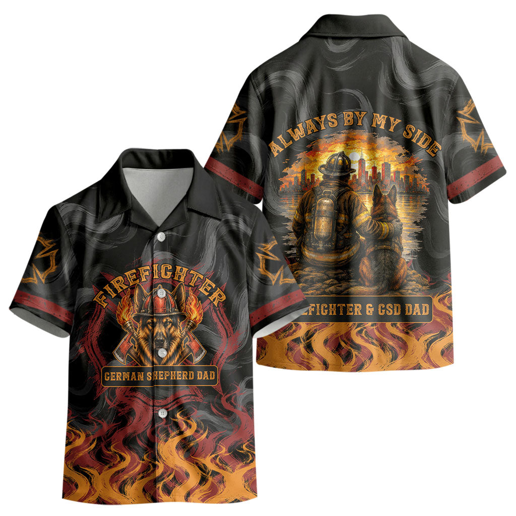 Firefighter German Shepherd Dad Kid Hawaiian Shirt Vintage Fire Flames Sunset City Skyline - Always By My Side