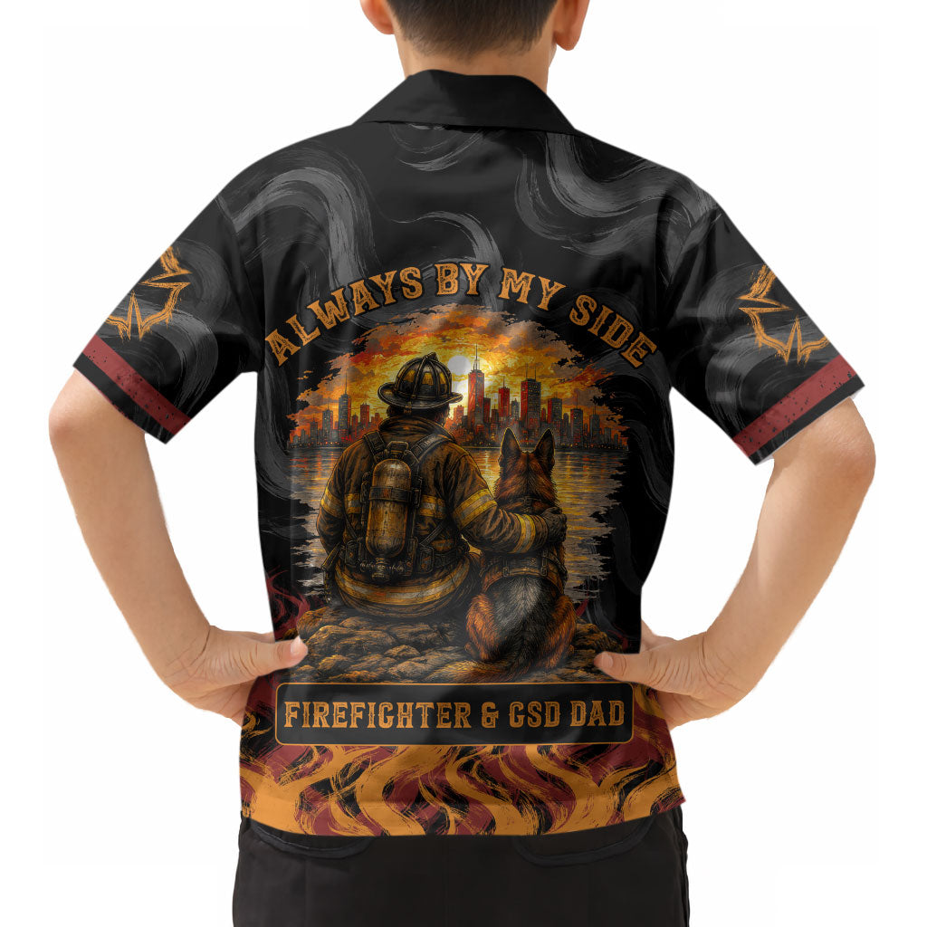 Firefighter German Shepherd Dad Kid Hawaiian Shirt Vintage Fire Flames Sunset City Skyline - Always By My Side