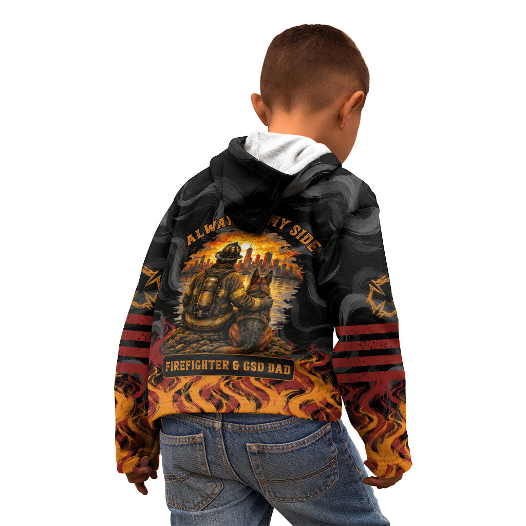 Firefighter German Shepherd Dad Kid Hoodie Vintage Fire Flames Sunset City Skyline - Always By My Side