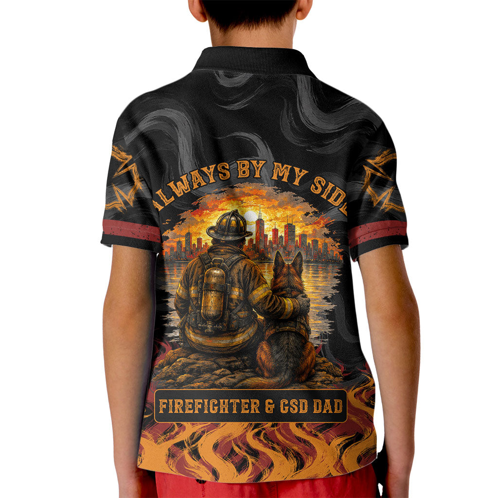 Firefighter German Shepherd Dad Kid Polo Shirt Vintage Fire Flames Sunset City Skyline - Always By My Side