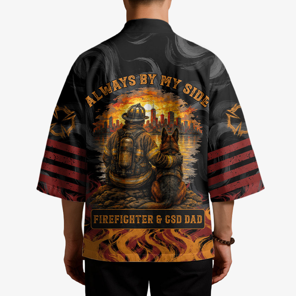 Firefighter German Shepherd Dad Kimono Vintage Fire Flames Sunset City Skyline - Always By My Side