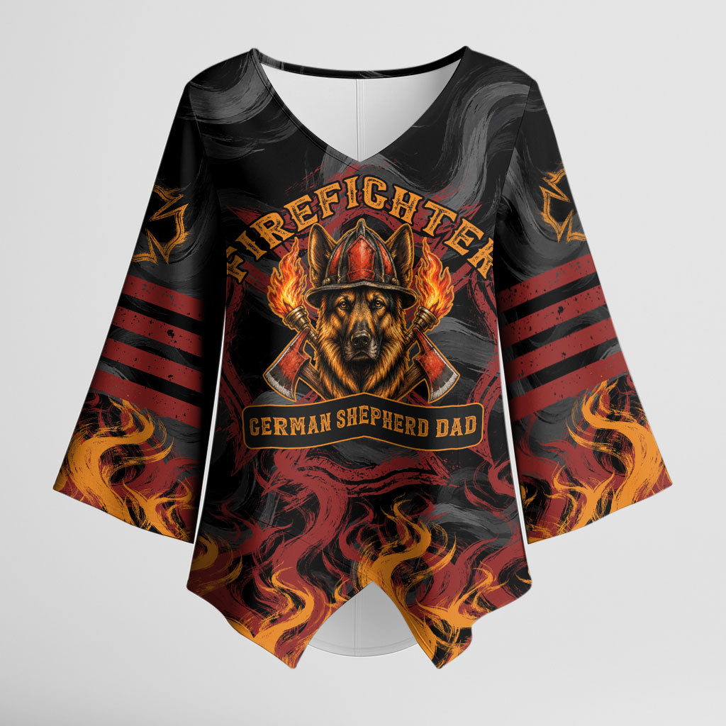 Firefighter German Shepherd Dad Kimono Sleeve Blouse Vintage Fire Flames Sunset City Skyline - Always By My Side