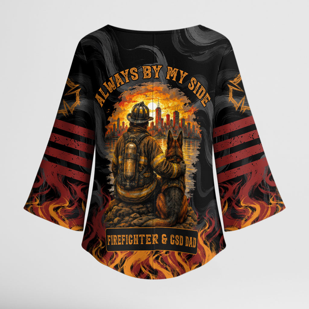 Firefighter German Shepherd Dad Kimono Sleeve Blouse Vintage Fire Flames Sunset City Skyline - Always By My Side