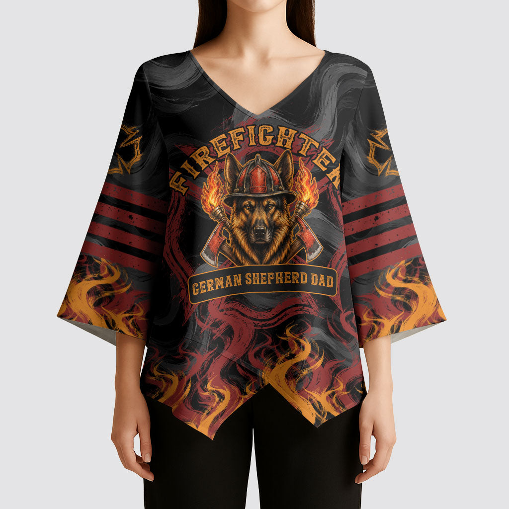 Firefighter German Shepherd Dad Kimono Sleeve Blouse Vintage Fire Flames Sunset City Skyline - Always By My Side